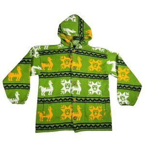 Vtg Genisis Wool Sweater Womens M Green Alpaca Southwestern Hooded Button Up